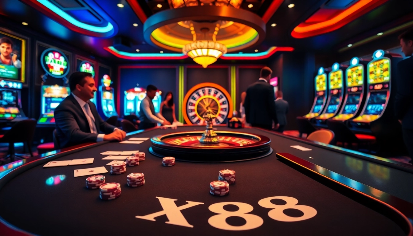 X88 enthusiasts engaging in a thrilling poker game at a luxurious casino table.