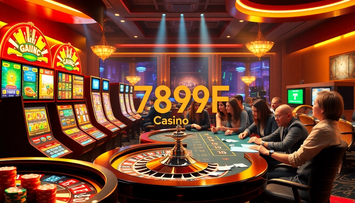 Vibrant casino scene showcasing 789F with slot machines, poker table, and colorful chips.