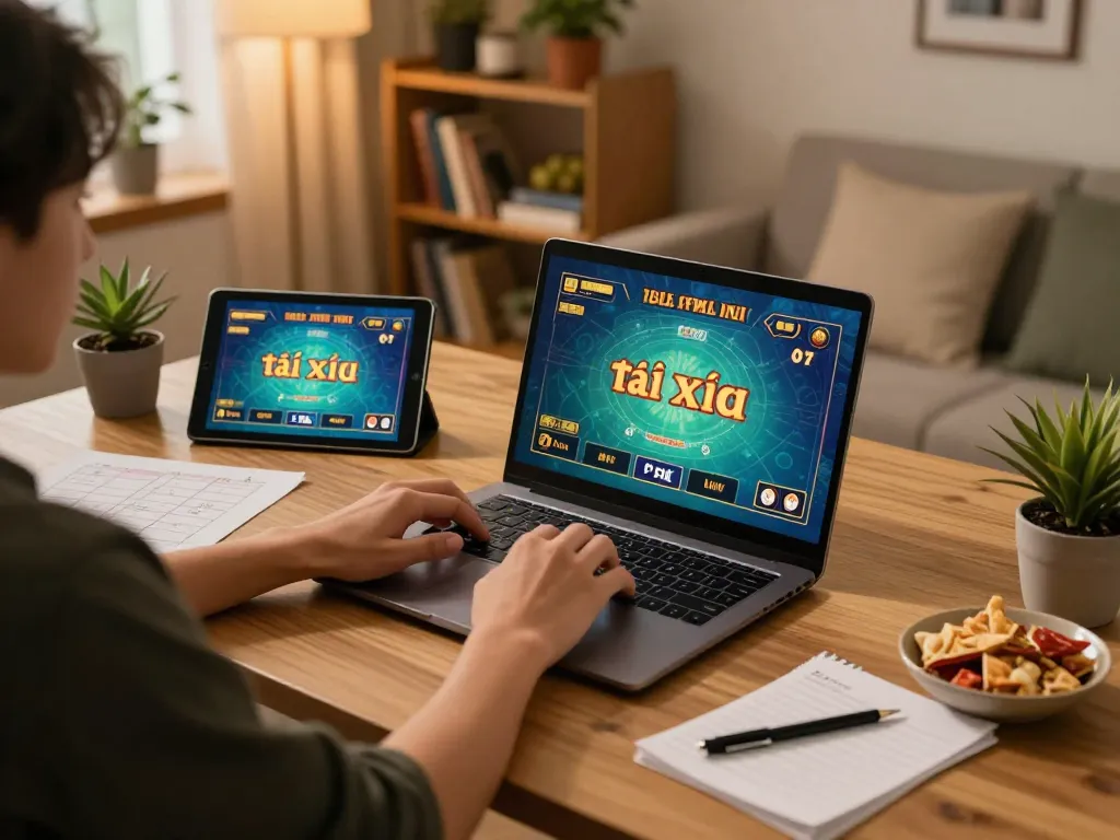 Playing game tài xỉu on a laptop during a cozy home gaming session.