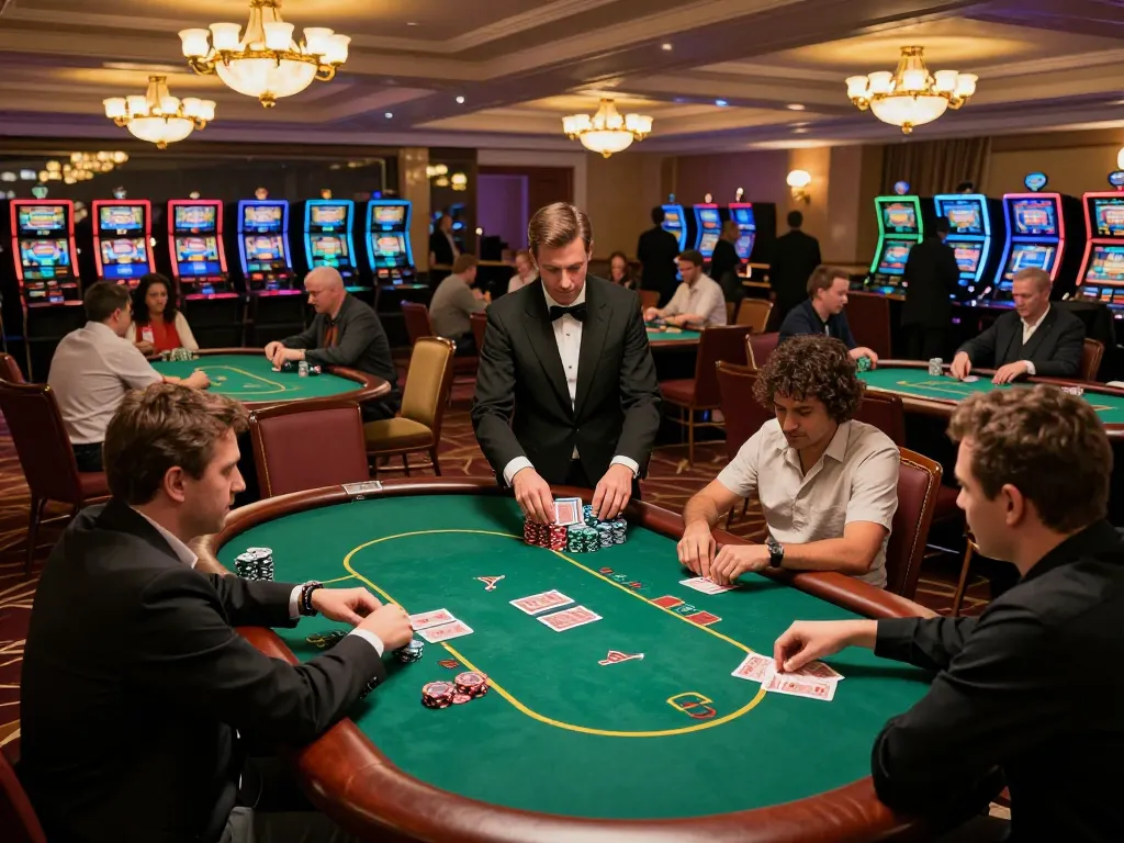 DOLA789 players engaging in intense poker game at upscale casino, vibrant atmosphere and strategic gameplay.
