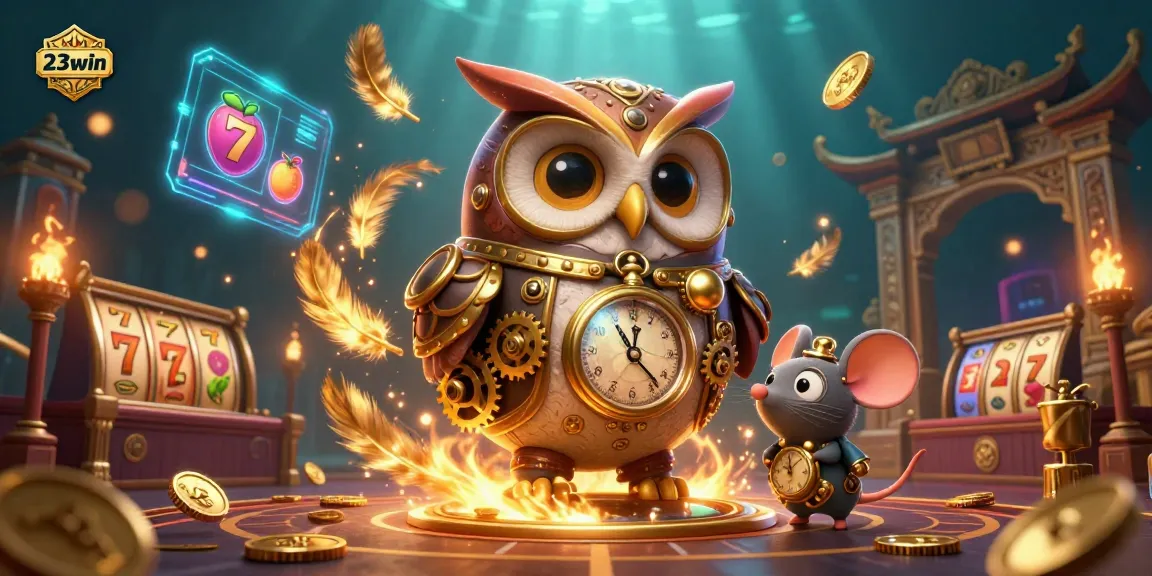 Experience thrilling online gambling with 23win's vibrant casino scene featuring a time-traveler owl and dynamic slot elements.