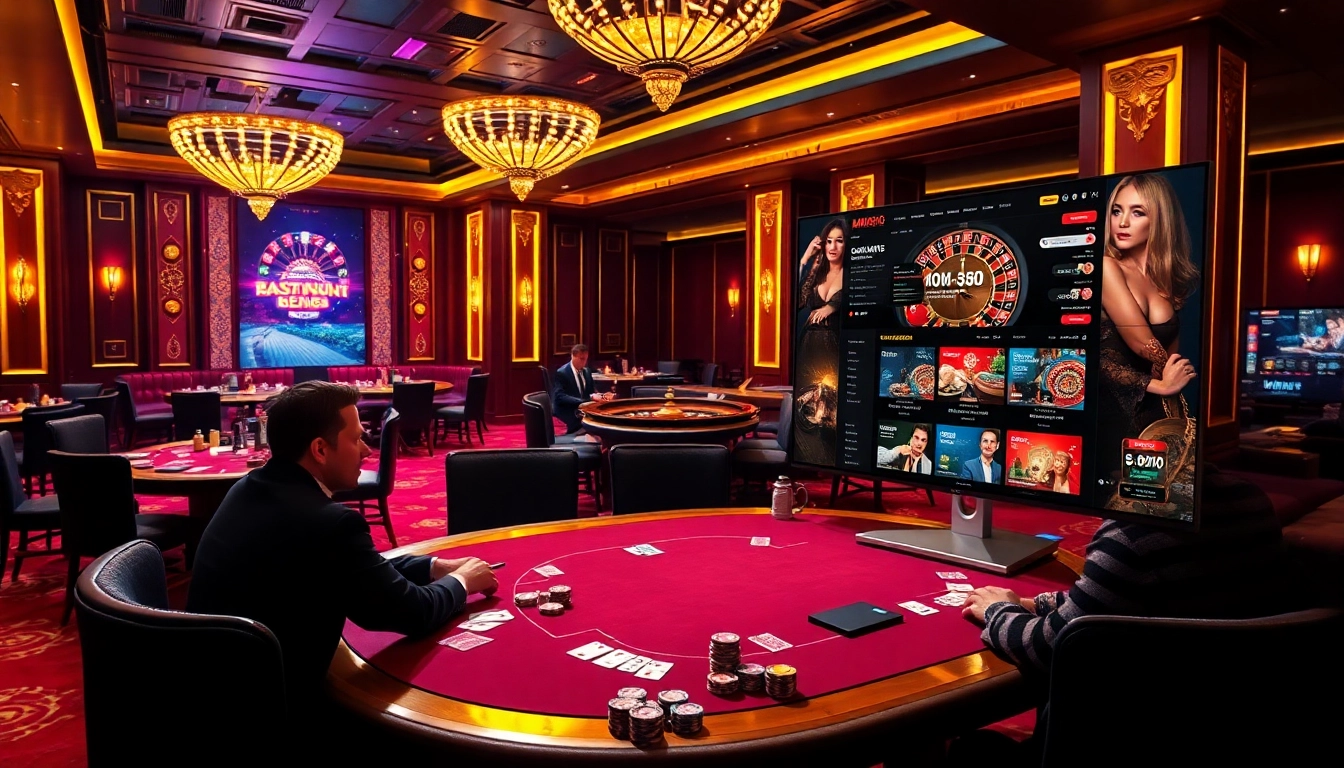 Exciting players at a poker table in a luxurious casino scene, featuring https://mm88.vin/ gambling action.