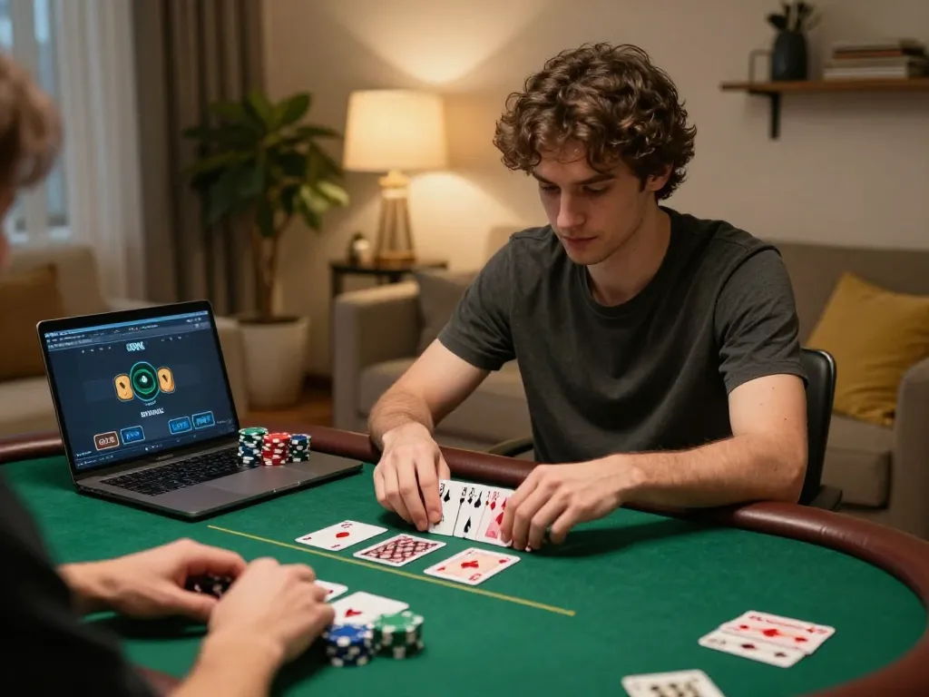 Online player betting on https://mm88.se.net/ poker game at home, focused on strategy with chips and cards.