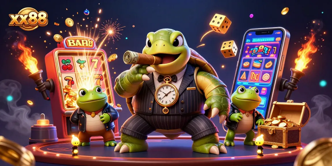 Experience winning at xx88 with an exciting casino scene featuring a snapping turtle and bullfrog enforcers.