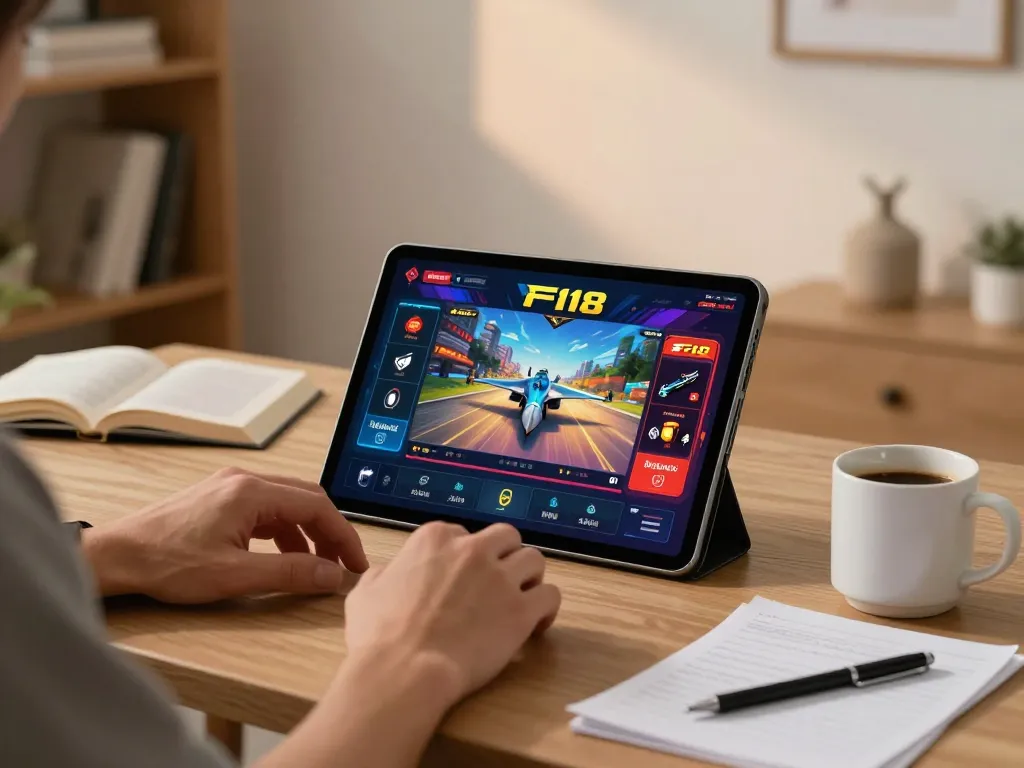 Engaging in f168 game strategy on tablet at cozy home office, showcasing responsible gaming