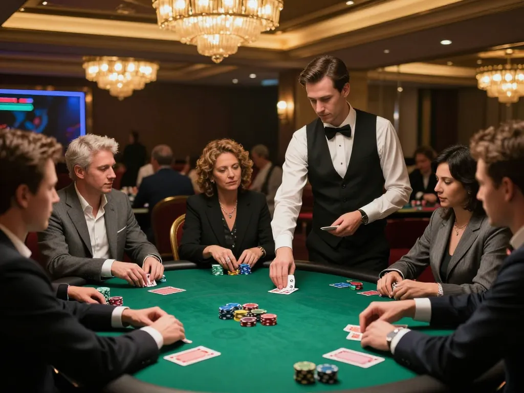 Players engage in intense gameplay at QQ88's upscale poker table, showcasing strategy and excitement.