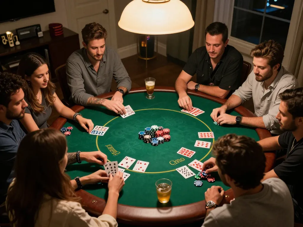 Players enjoying a lively poker game at home, showcasing the social gaming experience with go8 atmosphere.