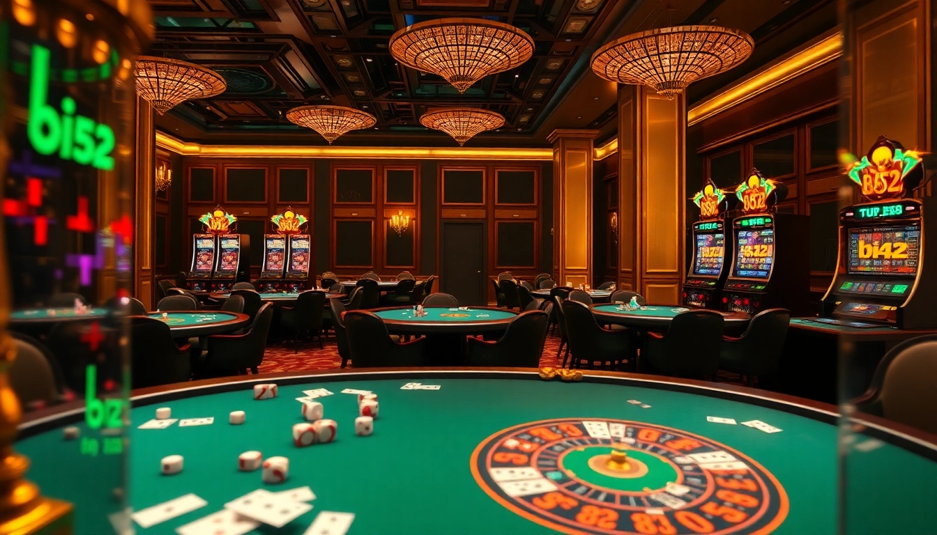 Experience captivating gaming at b52 casino with vibrant poker tables and slot machines.