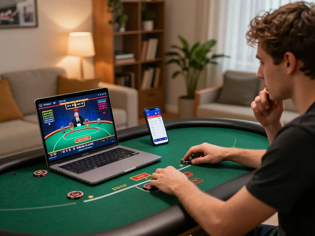 Player strategies at hi88s online poker game with focused expression and laptop screen visible.