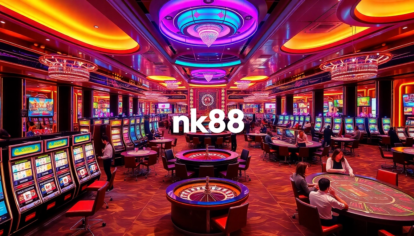 Experience the excitement of nk88 as players engage in vibrant casino games, showcasing luxury and thrilling action.