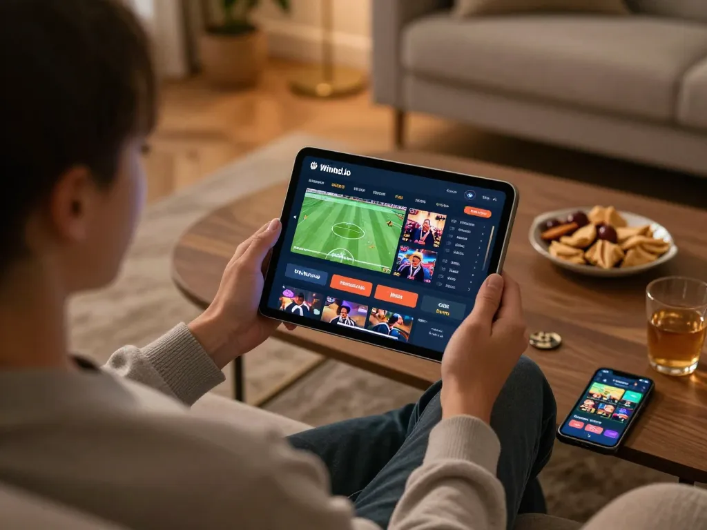 Engaging with Winbd.io sports betting on a tablet in a cozy home setting