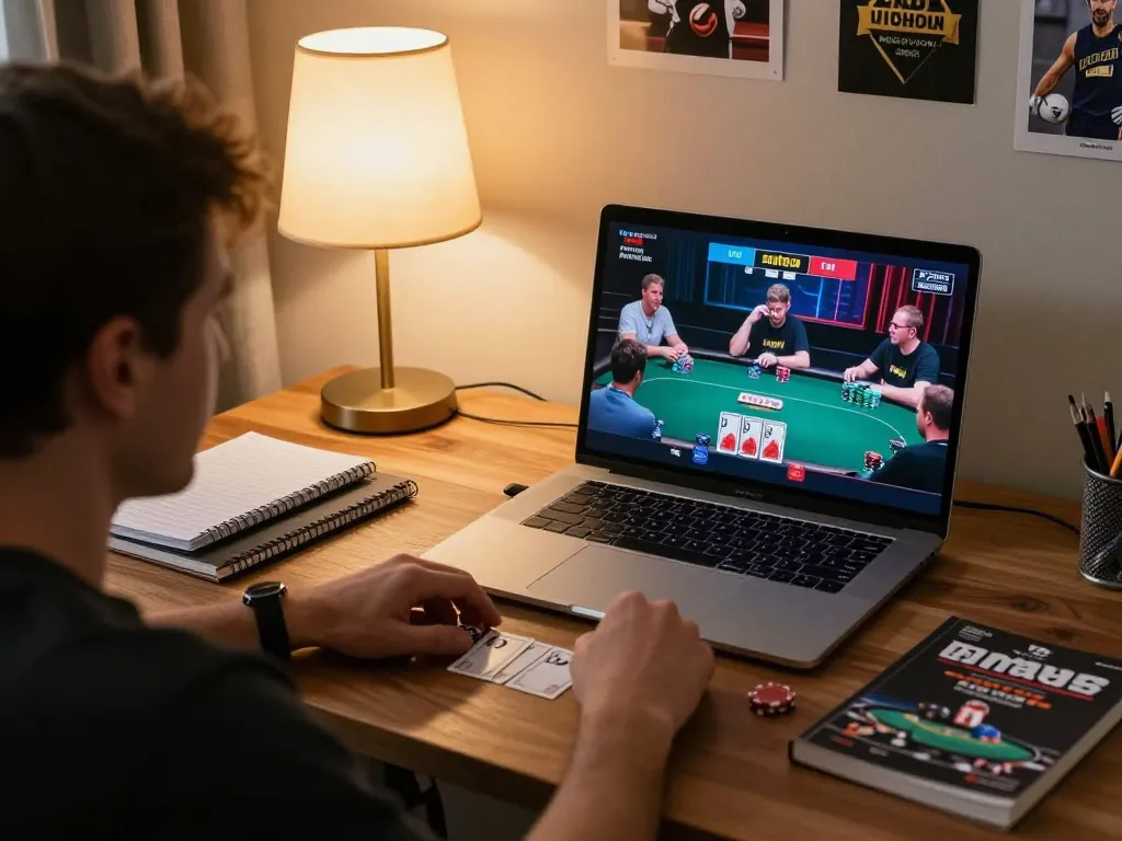 Player analyzing poker hands on soibetzz platform in a cozy home setting for strategic gameplay.