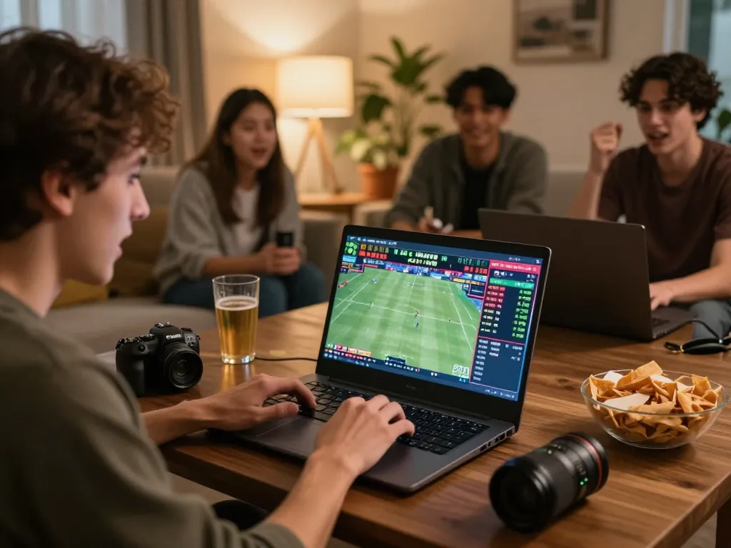 Engaged user placing bets on sports at Ok9 online platform from cozy home setting.