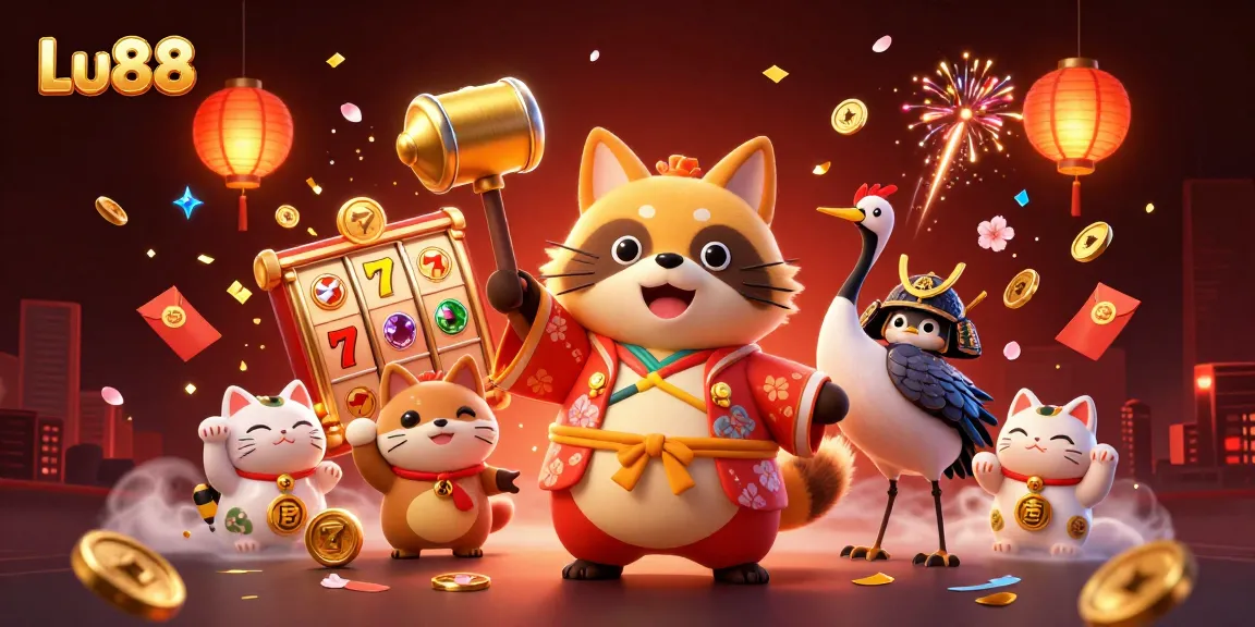 Play thrilling slots and jackpots at Lu88 with cheerful tanuki and festive symbols.