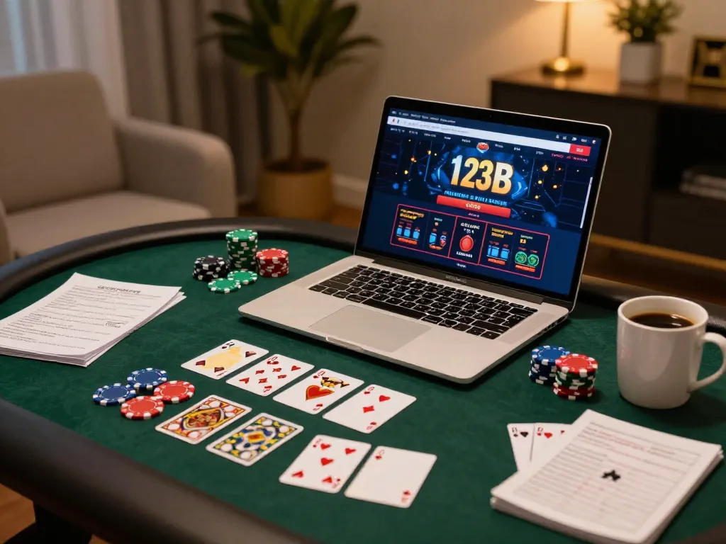 Playing at the 123B online casino with laptop and colorful casino chips laid out in a cozy setting.