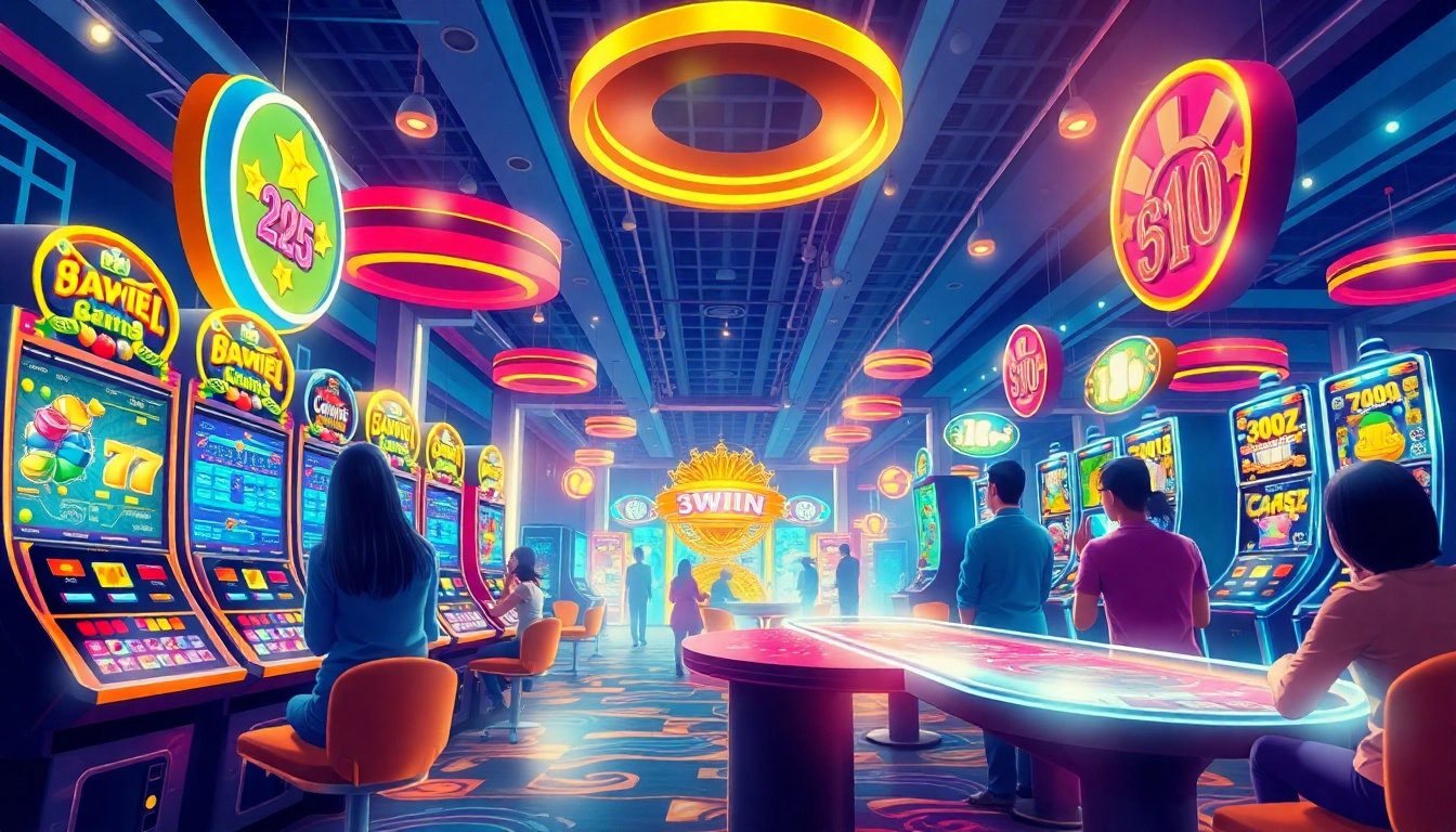 Exciting gaming atmosphere at 3WIN with vibrant casino games and players enjoying their experience.