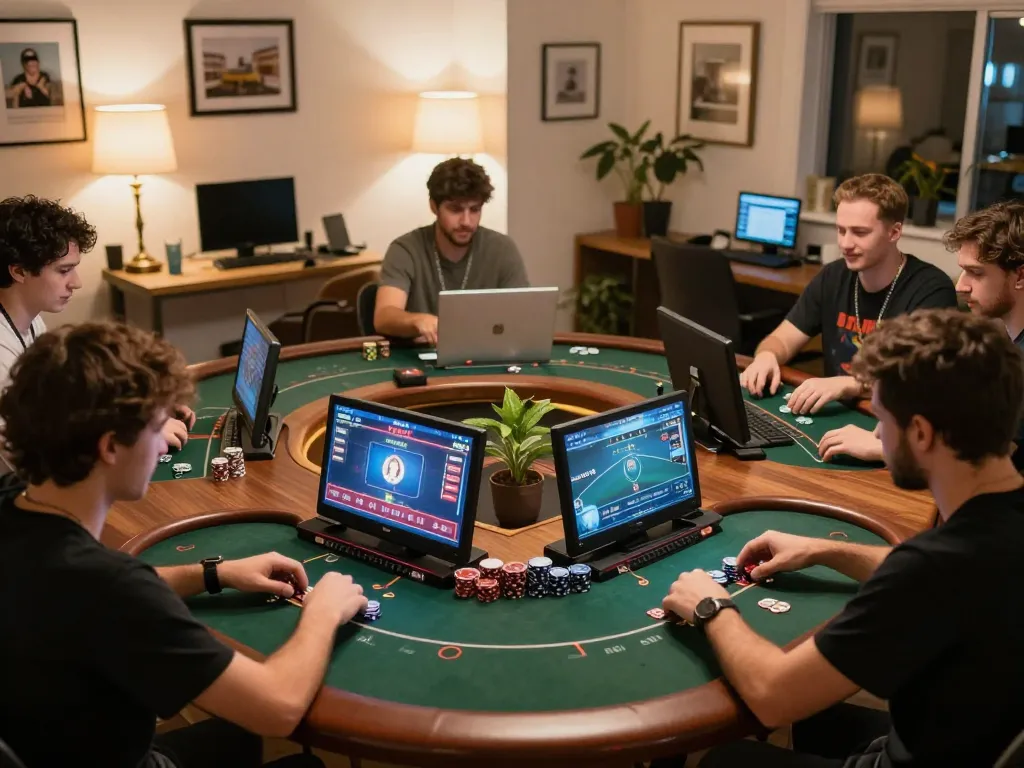 Players engaging in a thrilling online poker game from their homes at MANCLUB.