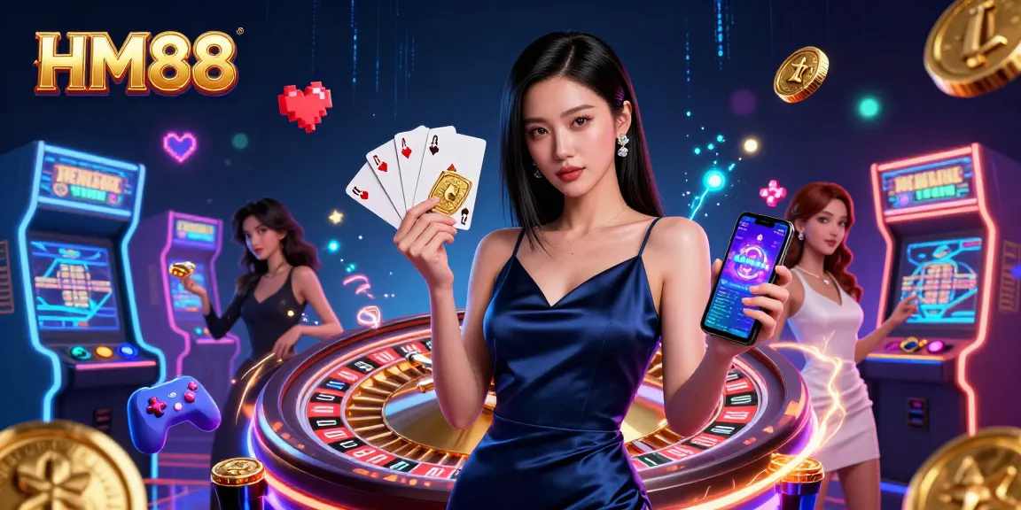 Experience the thrill of HM88 online gaming with a stunning Asian woman showcasing casino apps and golden chips.