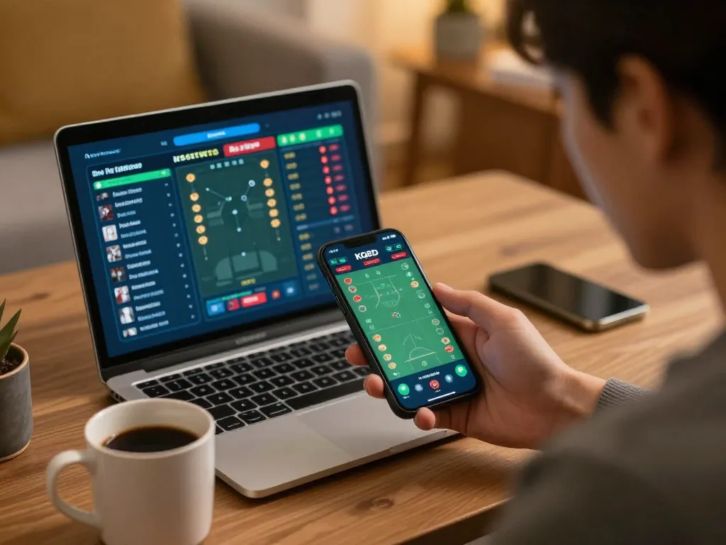 Engaging in live KQBD sports betting with smartphone in cozy home setting.