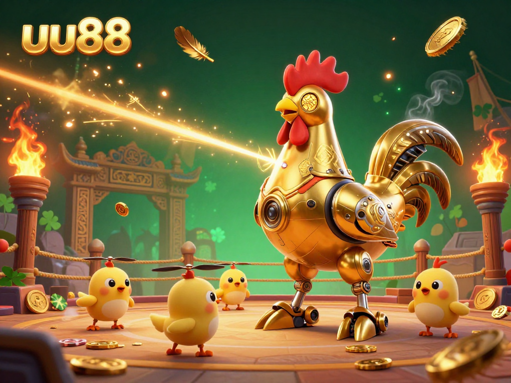 Engage with uu88's thrilling gaming atmosphere featuring a golden rooster robot and baby chick drones in action.