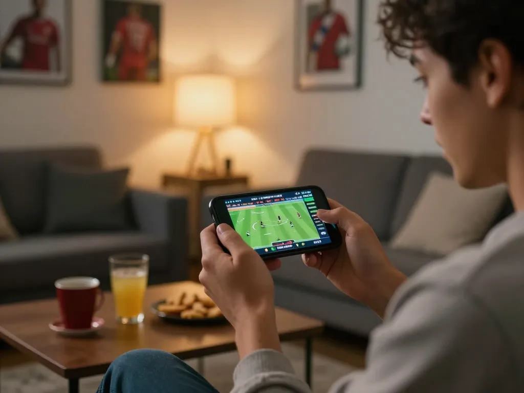 Mobile sports betting experience on sbobet with a smartphone in a cozy living room