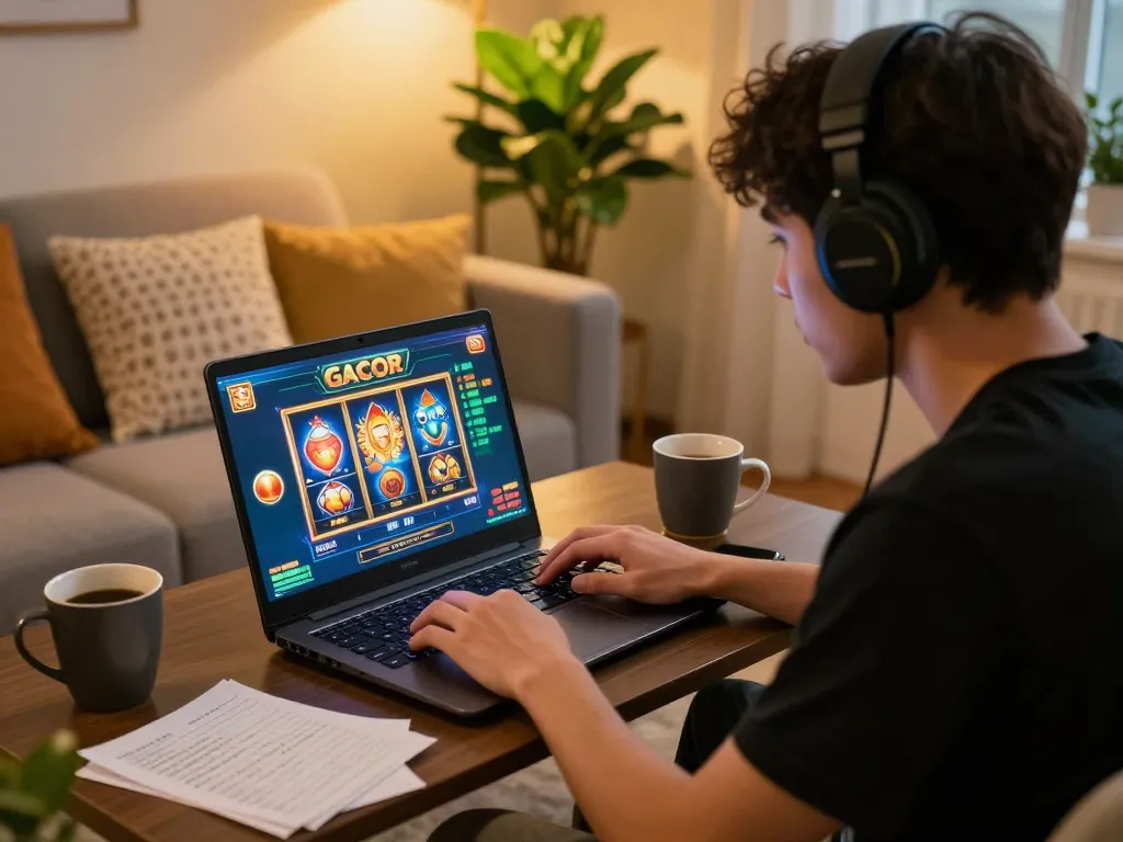 Engaging with slot gacor online game on a laptop in a cozy living room setting