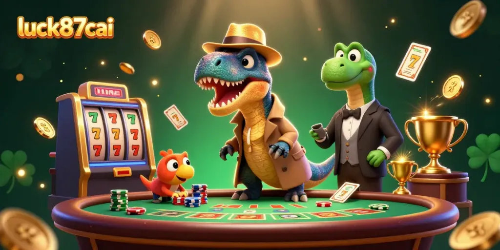 Luck87cai velociraptor card counter at a blackjack table surrounded by dynamic gambling elements.