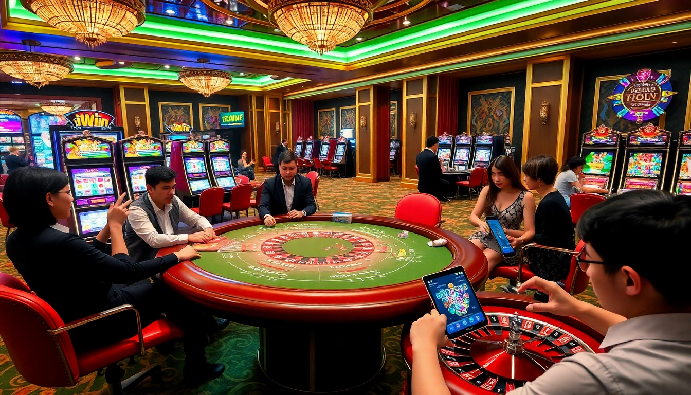 Experience thrilling iWin games at a vibrant casino table with dealers and players.
