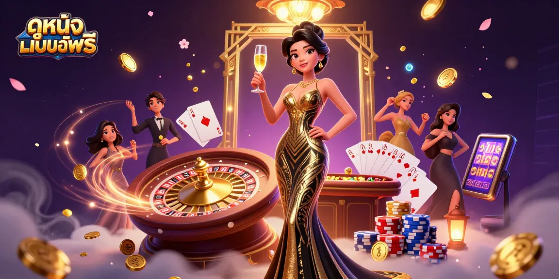 Experience ดูหนังออนไลน์ฟรี with a captivating scene of gaming glamor featuring an elegant woman and rich casino elements.