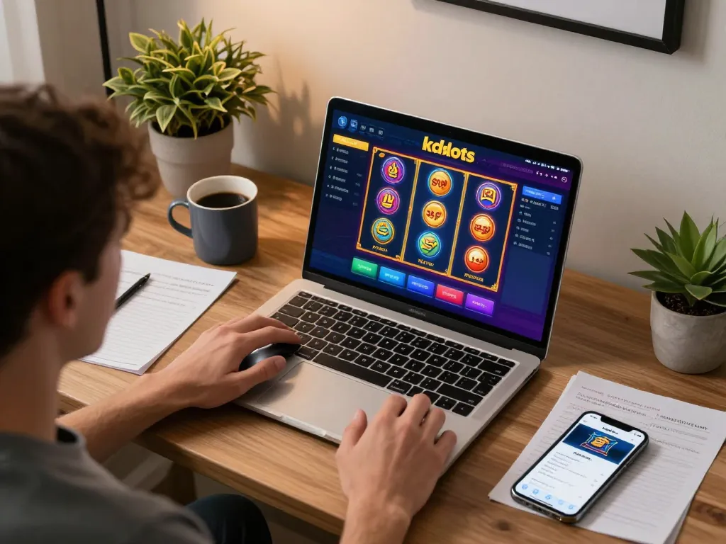 KDslots gameplay in a modern home office, showing player engaged with exciting online casino options.