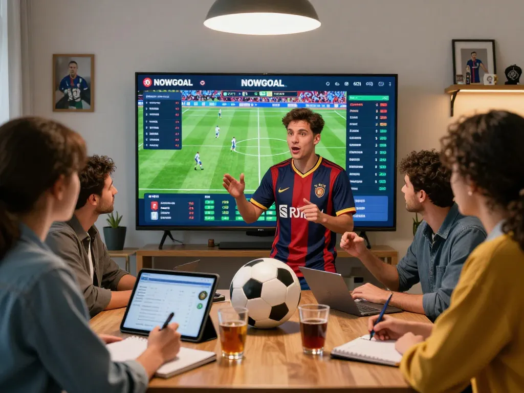 Passionate football fans analyzing NOWGOAL data on live match statistics and odds.