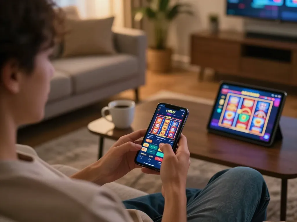 Player using tg887 app on smartphone for online gaming in a cozy setting
