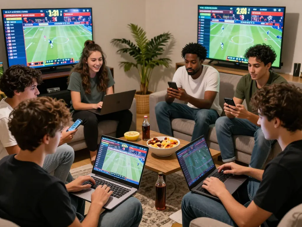 Exciting online sports betting atmosphere with diverse group discussing keo nha cai.