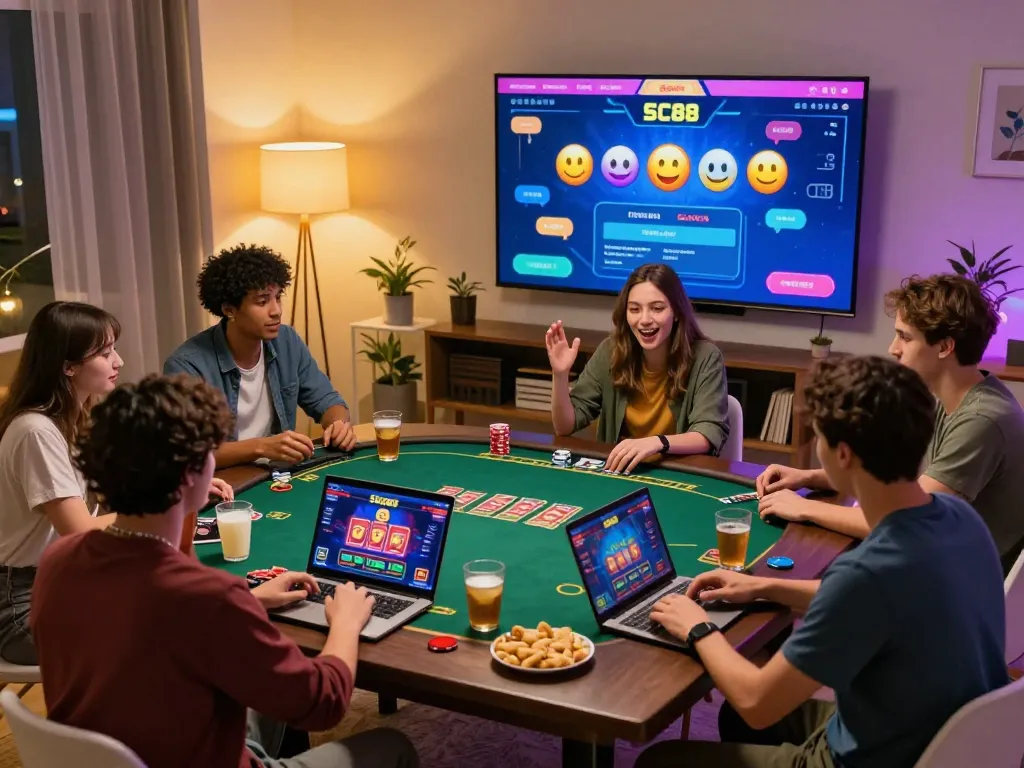 Engaged players strategizing their wins on SC88 online casino interface during a home gaming night.