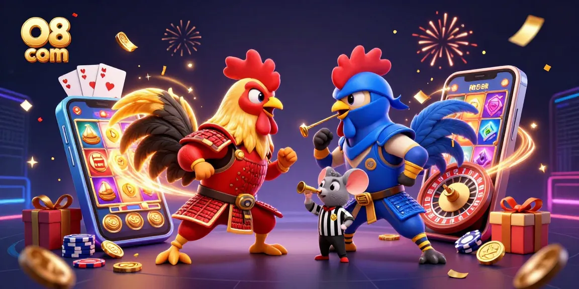 Engage in thrilling action at O8 com with dynamic cartoon roosters battling amidst vibrant casino games