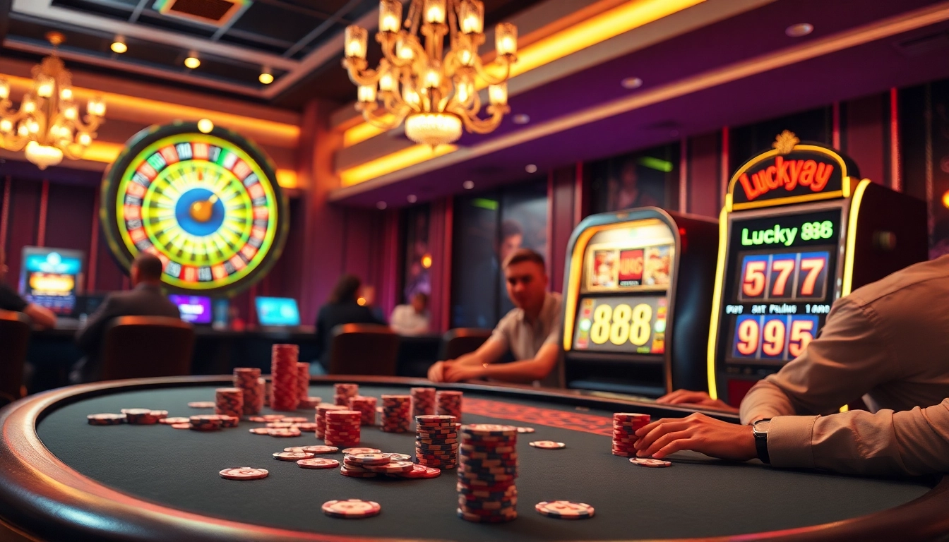 Players enjoy a thrilling poker game at a luxurious casino featuring lucky88 elements.