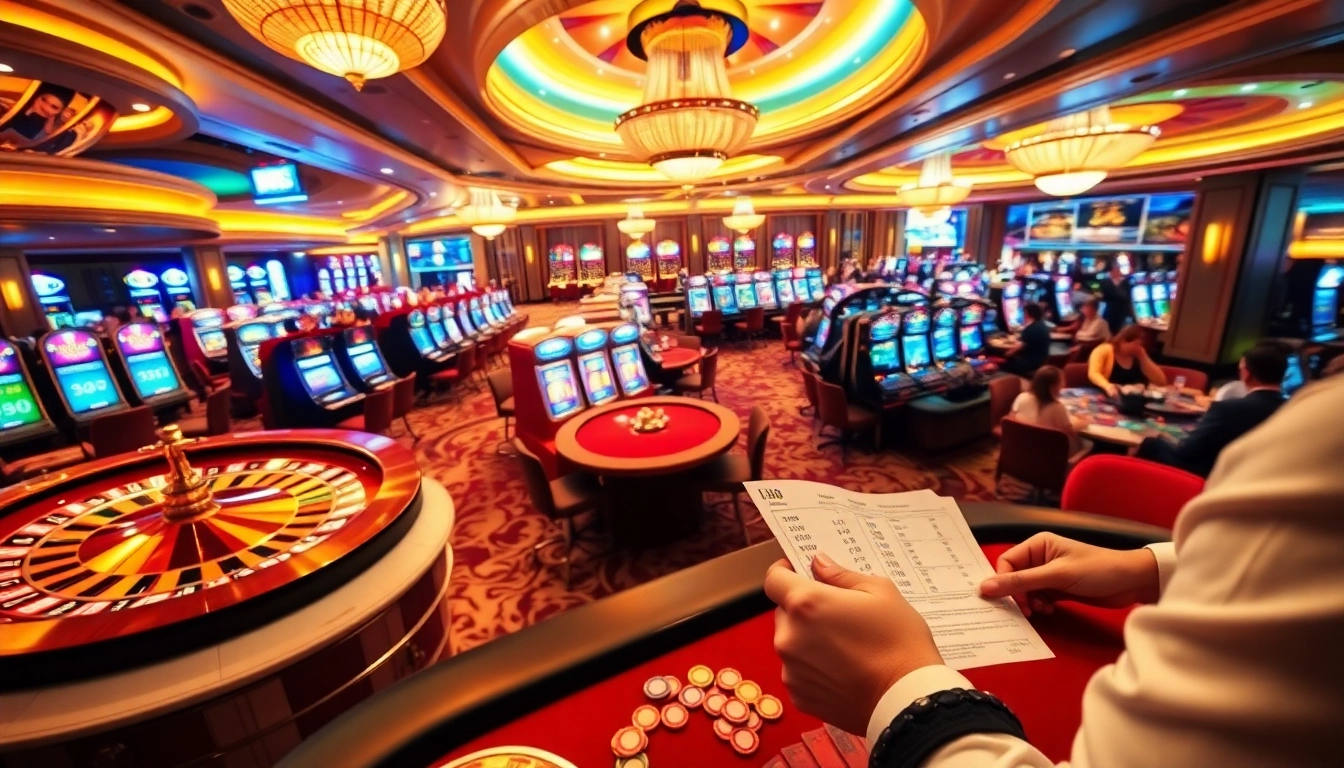 SODO casino with excited players at vibrant gaming tables and colorful slot machines in a luxurious setting.
