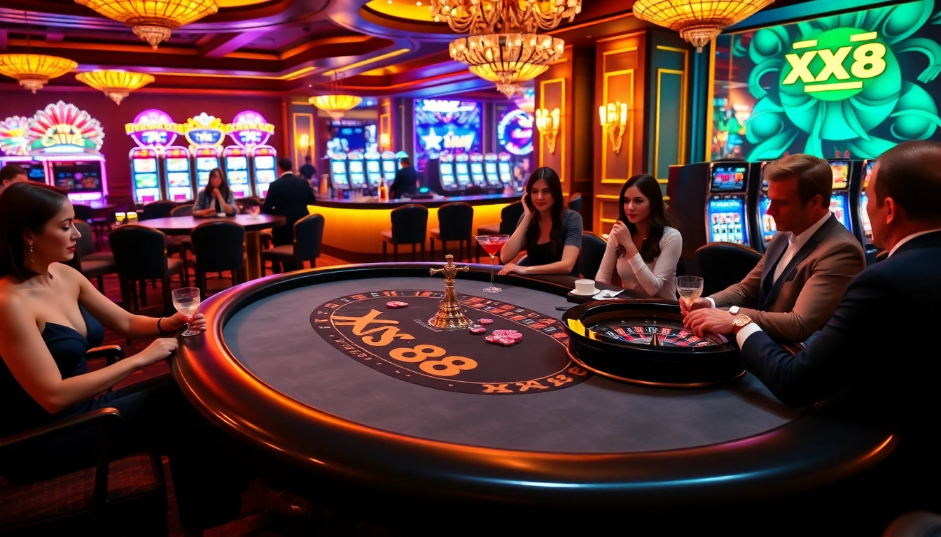 Players enjoying high-stakes poker at the luxurious XX 88 casino, surrounded by vibrant gaming elements.