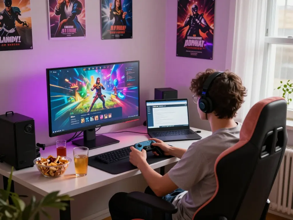 Person enjoying immersive porn games at a colorful gaming setup, cozy and inviting atmosphere.