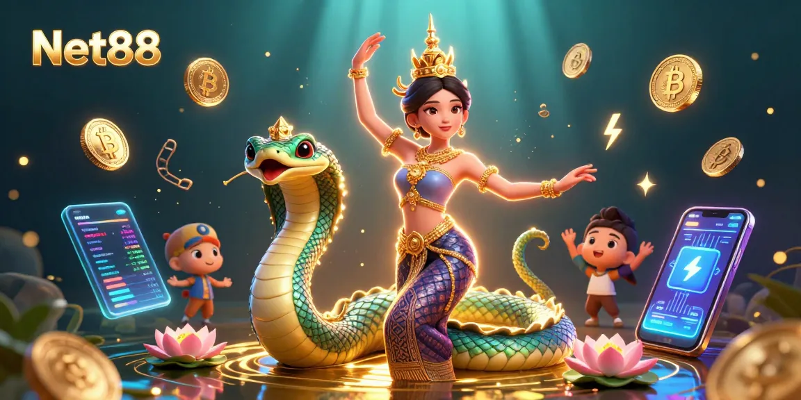Engage in thrilling gambling at Net88 with a vibrant display of crypto and casino elements.