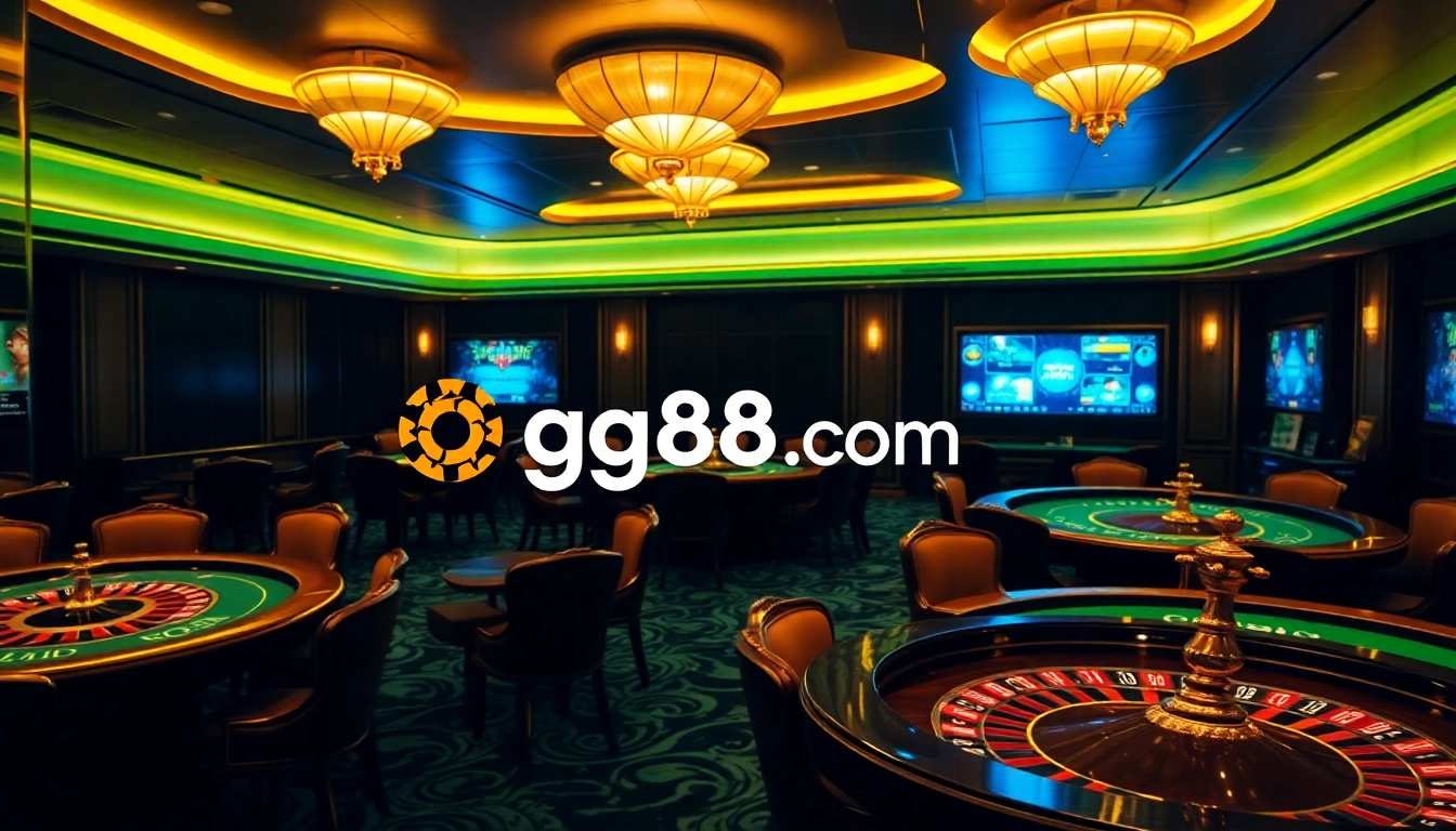 Gamblers enjoy thrilling games at gg88.com’s luxurious online casino with vibrant tables and digital screens.
