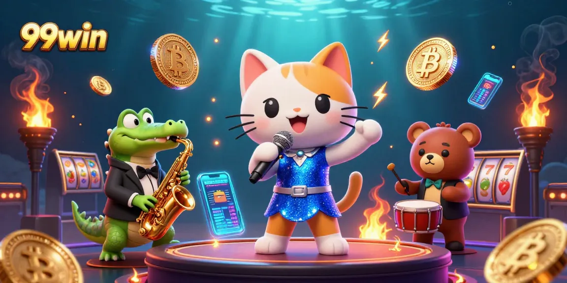 Experience winning moments with 99win casino as fun characters perform on stage.