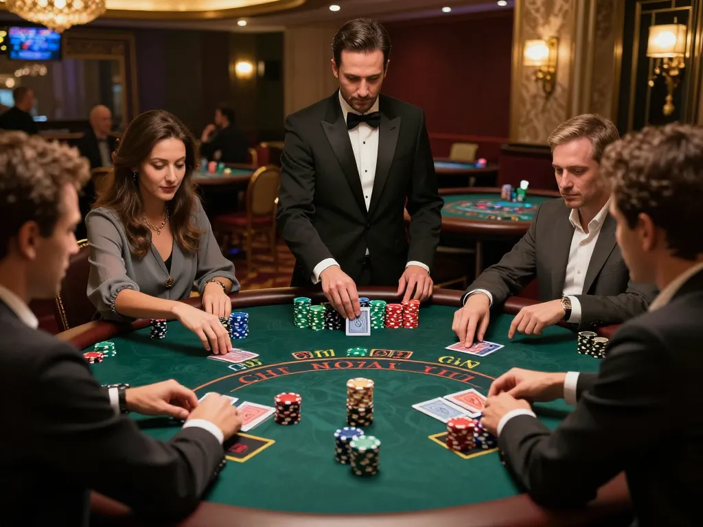 nhandinhkeonhacai players strategizing bets at a blackjack table in an upscale casino environment