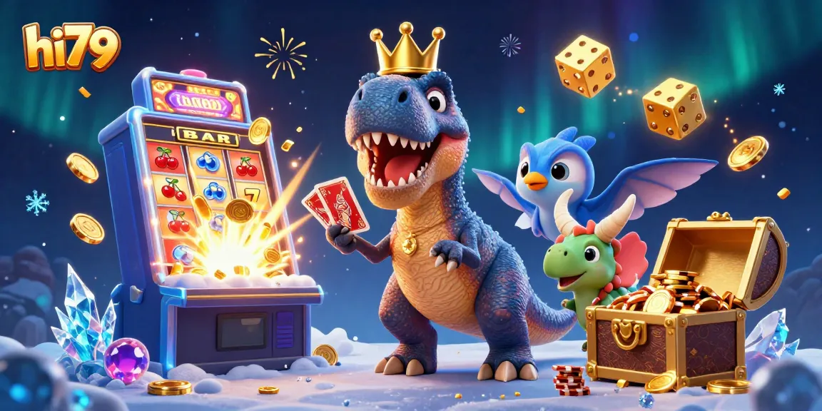 Engage in thrilling gaming at hi79's animated casino scene with colorful characters, slots, and jackpots.