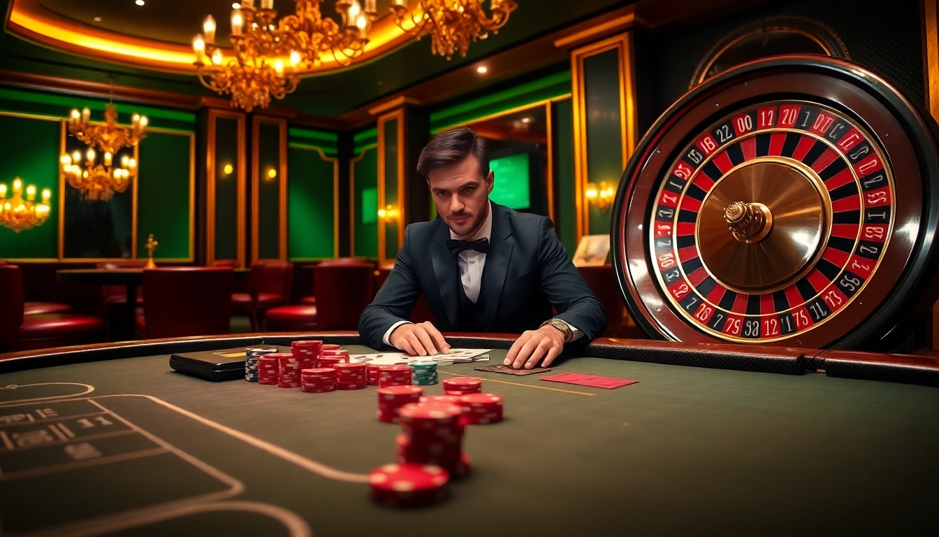 The scene showcases a focused player at the poker table, highlighting thể thao fun79 strategies in a luxurious casino setting.