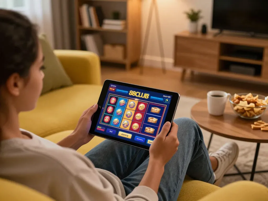 Engaging in a relaxed gaming session at 88CLUB on a tablet, surrounded by snacks and a cozy atmosphere.