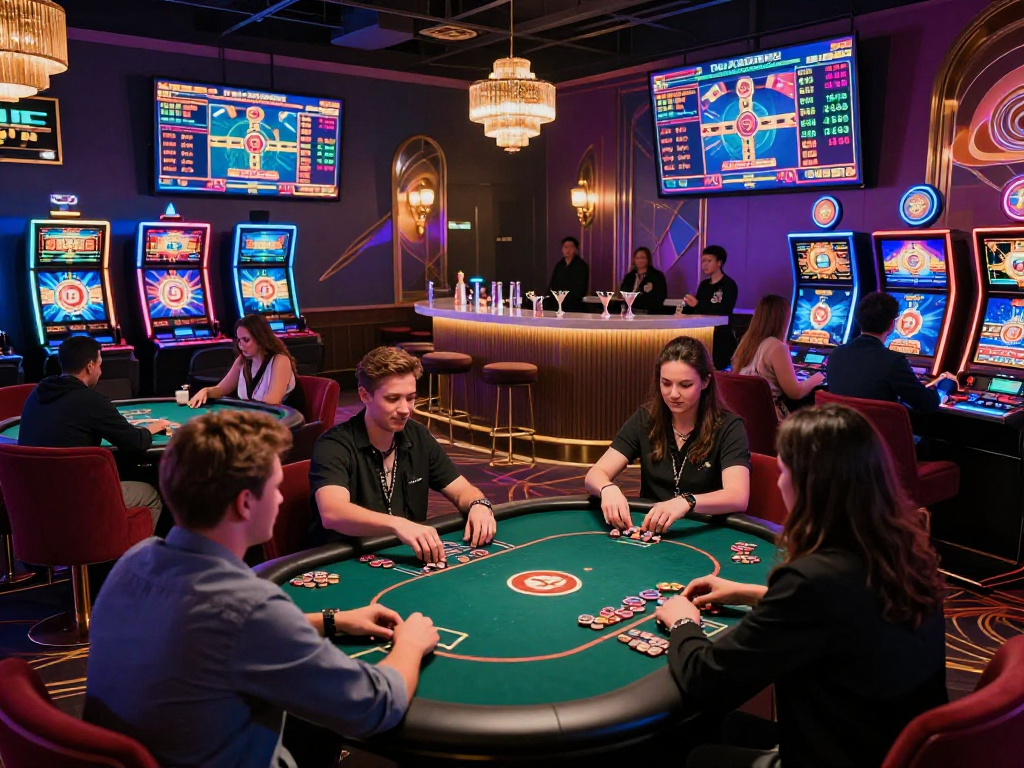Exciting crypto casino gamers at high-stakes tables with vibrant LED lights and digital screens
