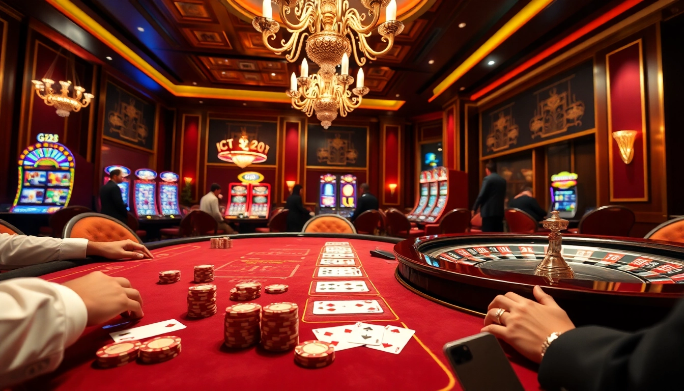 Join a thrilling game at G28 with vibrant casino tables and luxurious poker chips.