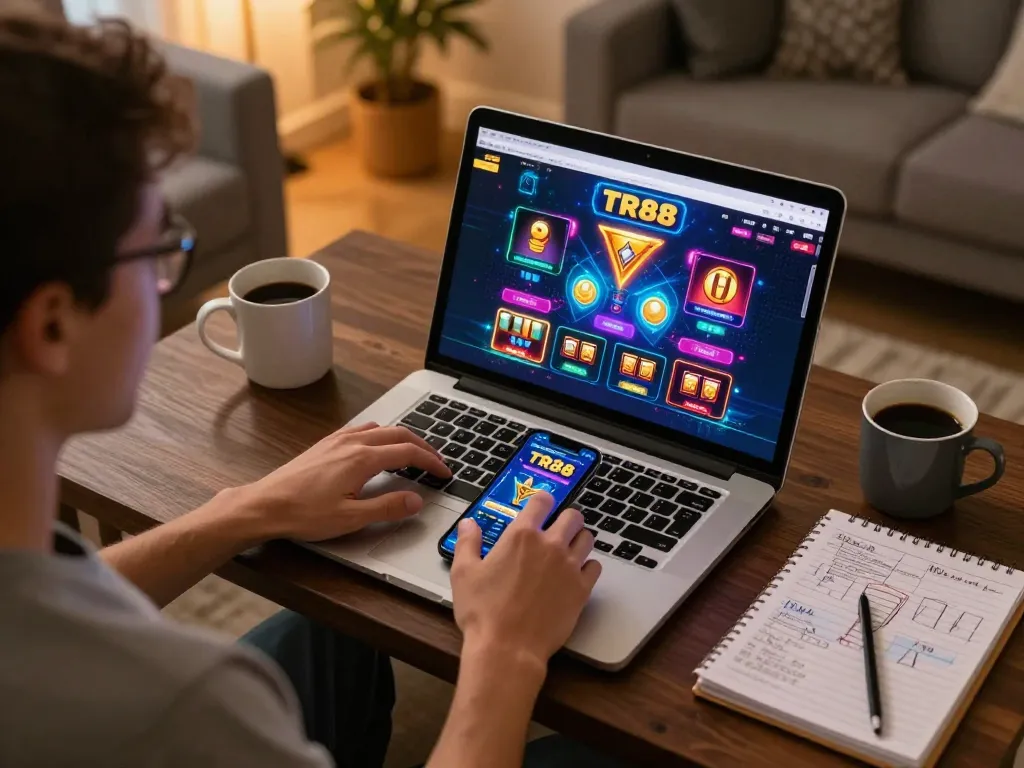 Player engaging with TR88 online casino games on laptop at home, showcasing digital excitement and strategic gameplay.