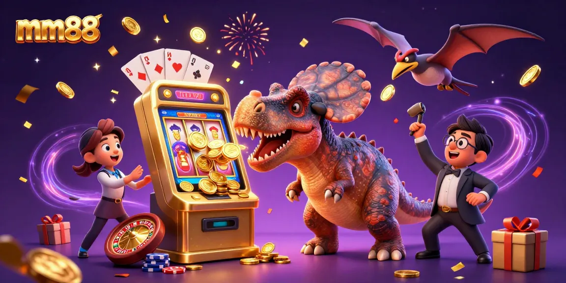 mm88 jackpot scene with a pachycephalosaurus, ankylosaurus, and coins flying dynamically